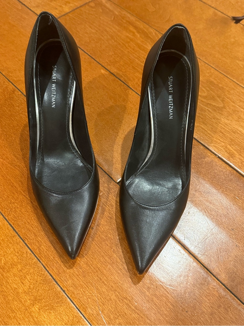 Stuart Weitzman Black Leather Pointed Toe Pumps